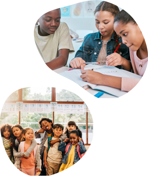 Teamwork, education and children with class project, working together in Montessori school at desk. Books, help and diversity, young students writing or drawing in notebook for math test or homework.